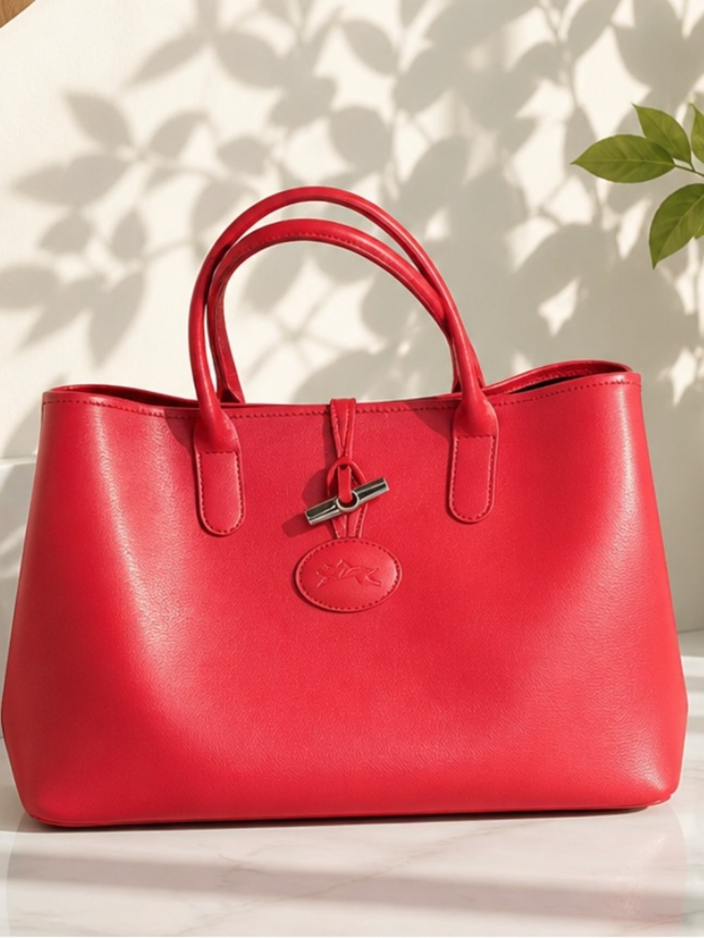 Longchamp Roseau Coral-Red Leather Tote with Toggle Detail - Picture 17 of 17